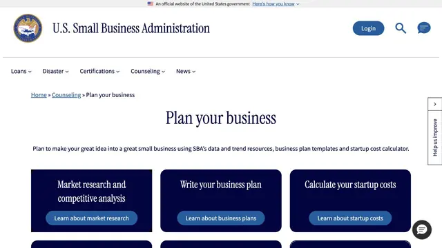 The SBA market-research section resource page.