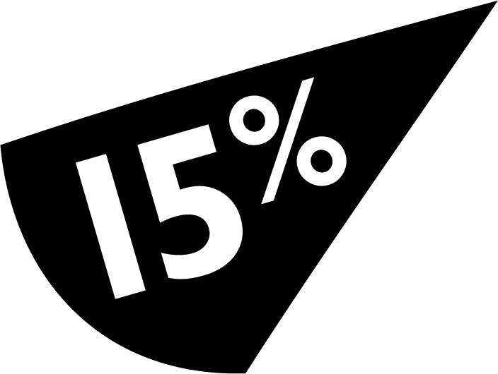 15% Solutions source icon: 15% inside a black tapered shape.