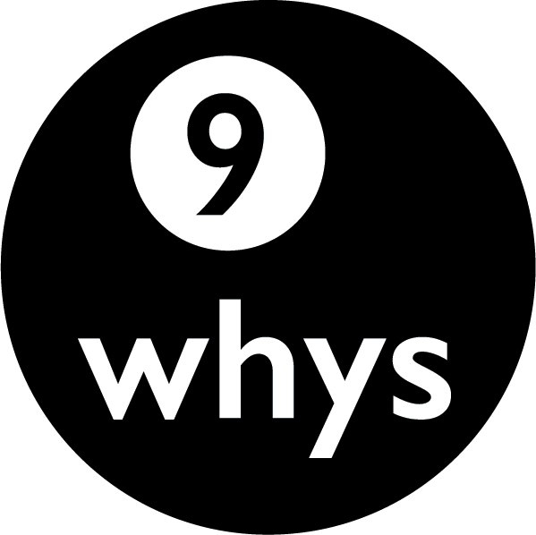 9 Whys source icon: the number 9 and the word whys in a black circle.