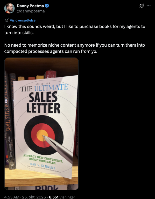Danny Postma describes buying books to turn their methods into agent skills.