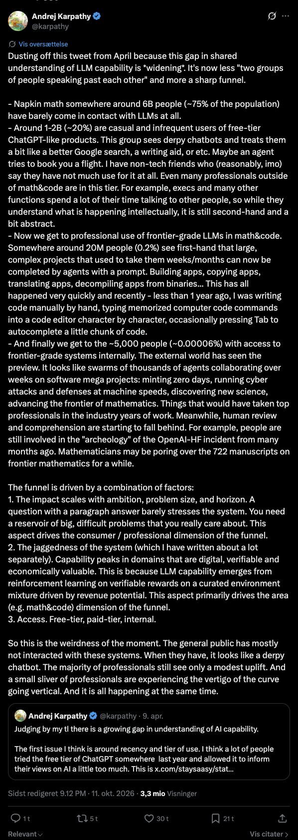 Complete original X post by Andrej Karpathy, including every paragraph, author and publication date