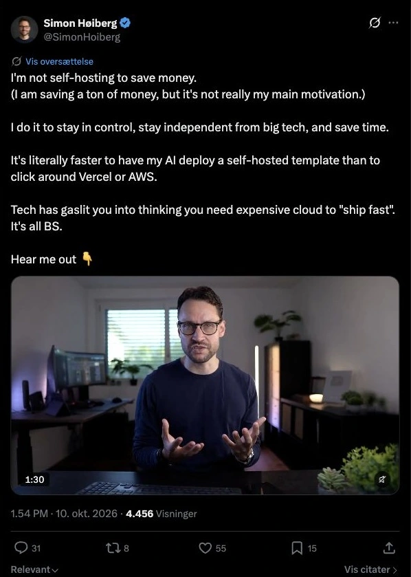 Actual screenshot of Simon Høiberg’s original X post about self-hosting, showing his profile, complete written post, attached video frame and publication date