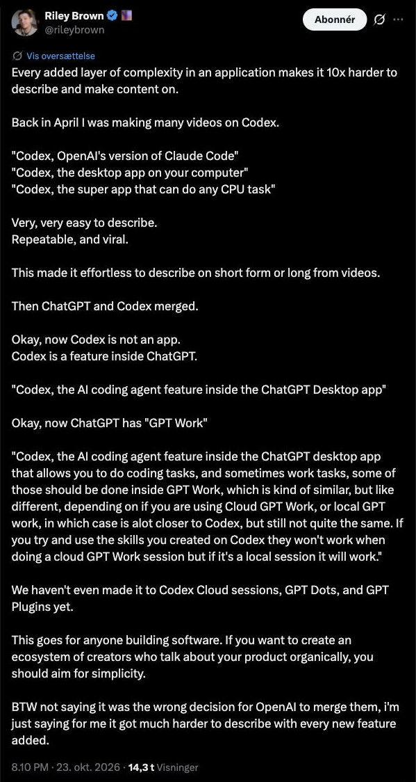 Riley Brown explains how added product modes make Codex harder to describe.