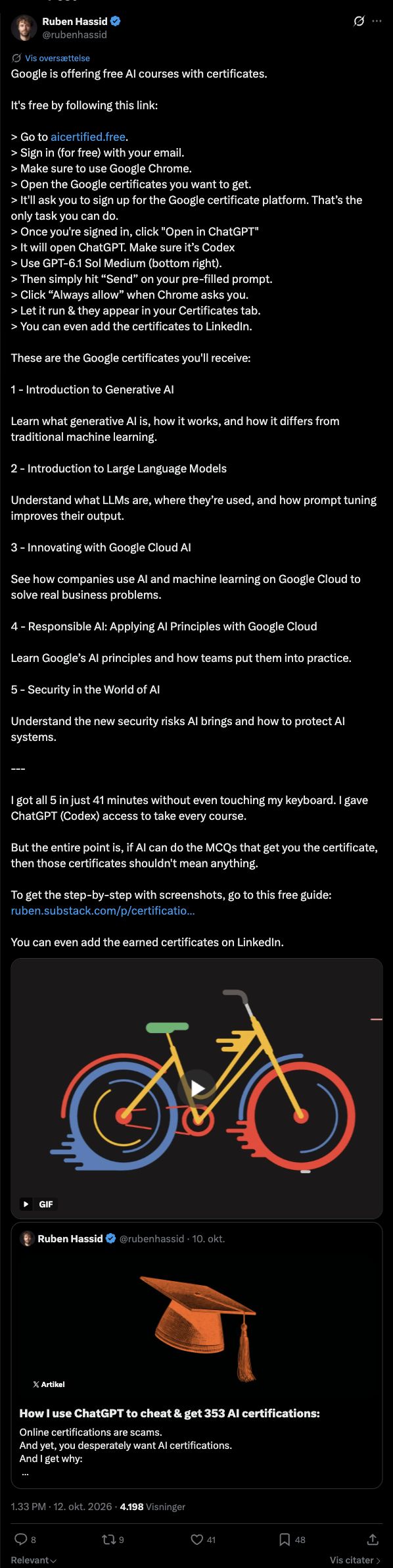 Complete original X post by Ruben Hassid, with all main-post text, author, date, attached GIF frame and native quoted-article preview